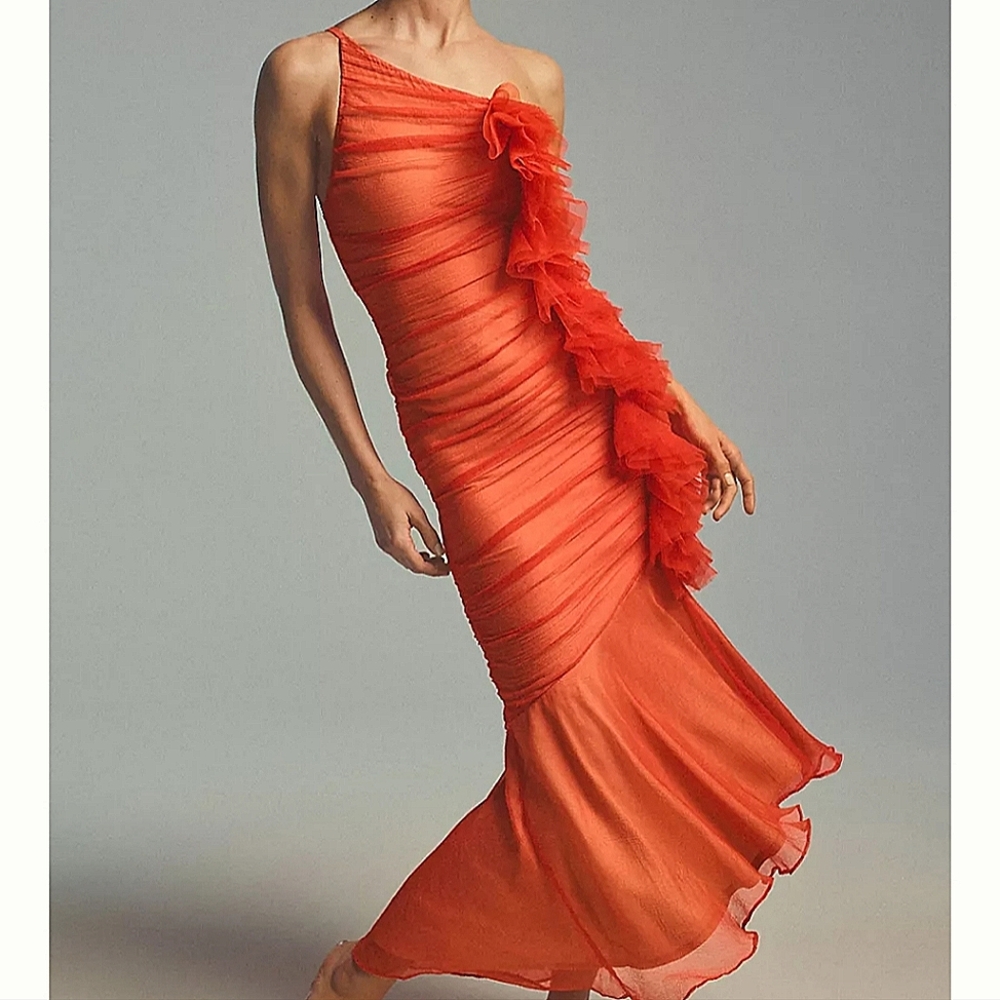 Anthropologie Vineet Bahl BOHO Ruched One-Shoulder orange midi Dress Medium